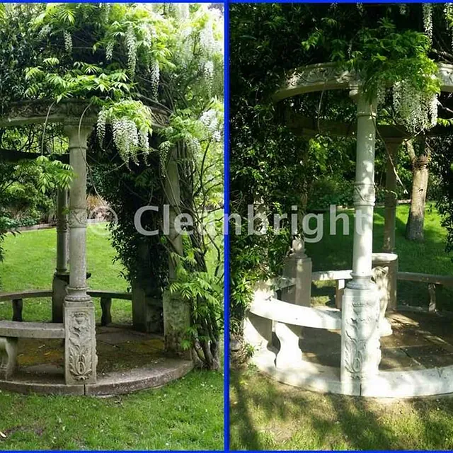 before and after cleaning of stone fountain